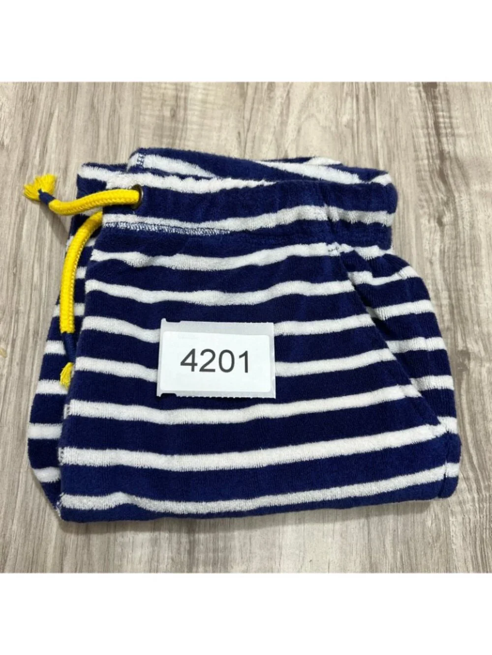 Mini Boden Toweling Shorts Size 10Y Blue White Striped Terry Cloth Yellow Pocket